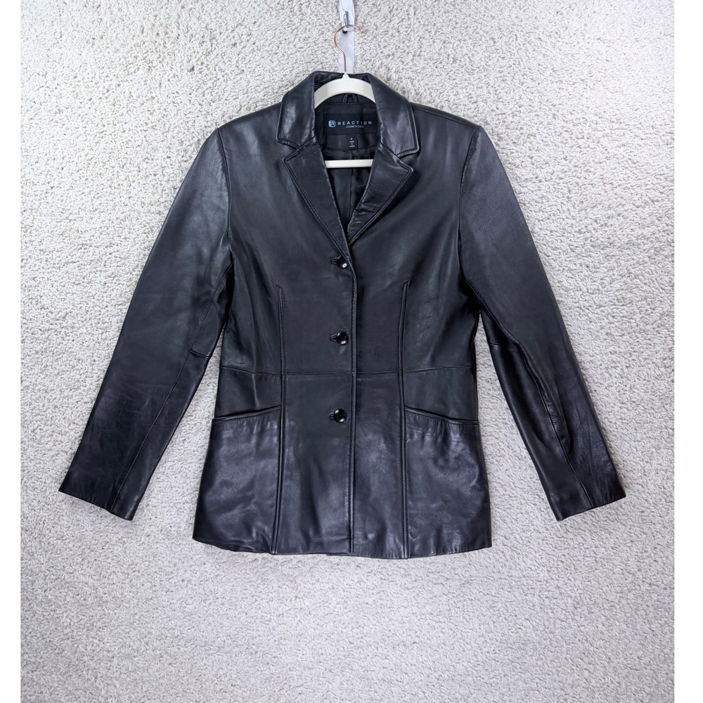 Kenneth Cole Reaction Leather Jacket Women Small Black Blazer Soft Professional
